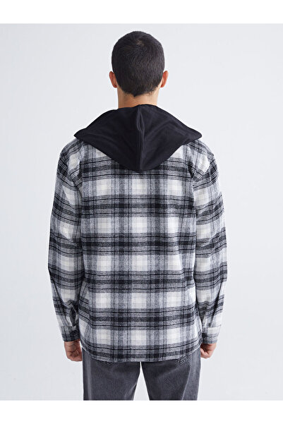 LC Waikiki Μαύρο με κουκούλα μακρυμάνικο καρό ανδρικό πουκάμισο με κανονική εφαρμογή