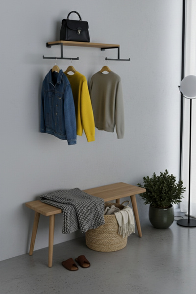 Grandmix Ahşap Raflı Giysi Askısı Metal Askılı Duvar Rafı