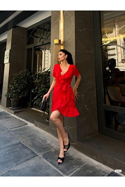 Modafeminen Scuba Crepe Belted V-Neck Short Dress Midi Length Dress 583000 Red