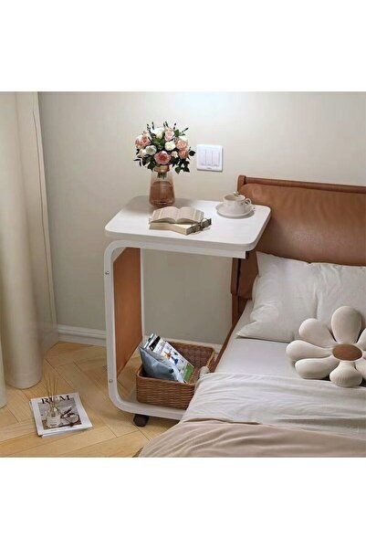 UNİBOX Coffee Table, Carbon Steel, 2 Wooden Tops, Storage Pocket, 4 Wheels, 65 x 45 x 30 cm, White