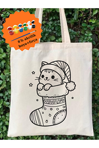 Cemira Boyama Seti Kedili Yeniyıl Bez Çanta Boyanabilir Anaokulu Çocuk Etkinlik Boyama