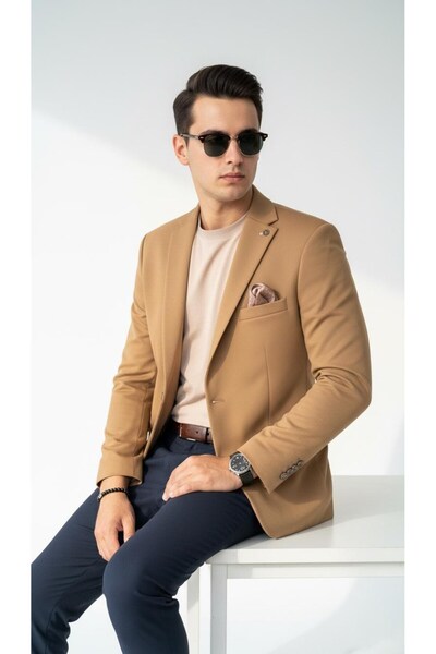 Plus Scorpion Camel Men's Blazer Jacket – Flexible Comfort Fabric, Italian Cut, Single Button S Slim Fit Şı
