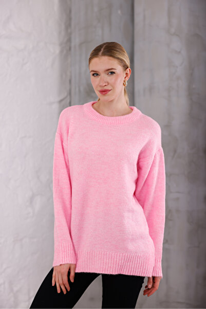 Moda Değirmeni Πλεκτό πουλόβερ με λαιμόκοψη ροζ oversized MD1191-313-0003