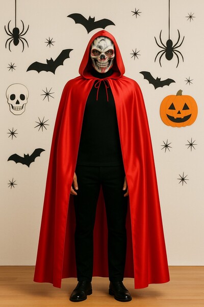 TOYFEST Σετ κοστουμιών Bloody Skeleton Mask και K με κουκούλα Red Cloak – Στολή για ενήλικες για το Halloween - 120 εκατοστά