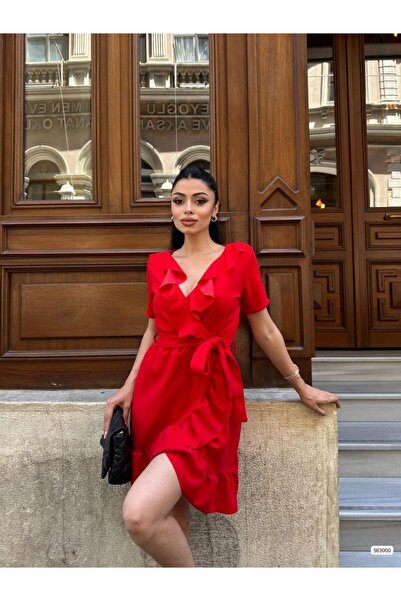Modafeminen Scuba Crepe Belted V-Neck Short Dress Midi Length Dress 583000 Red