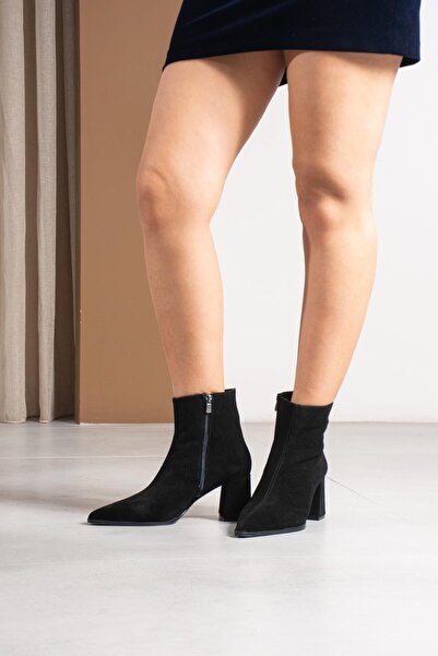 FSKOMBİN Marti Women's Black Suede Genuine Leather Side Zipper Pointed Toe Heeled Boots