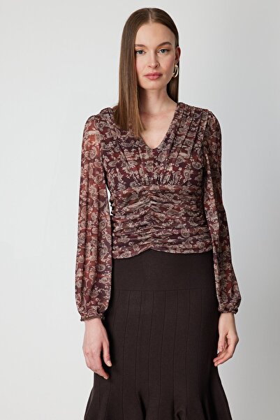 ON V-Neck Patterned Chiffon Blouse