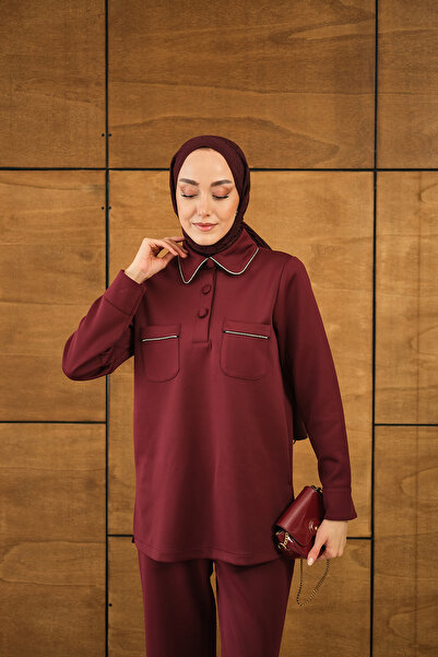 LOCCO Women's Stone Detail Pocket Suit Burgundy