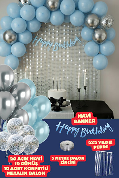 Baloncu Nene مجموعة بالونات عيد ميلاد سعيد زرقاء مع خلفية بالونات زرقاء وفضية مع كونفيتي لحفلات أعياد الميلاد