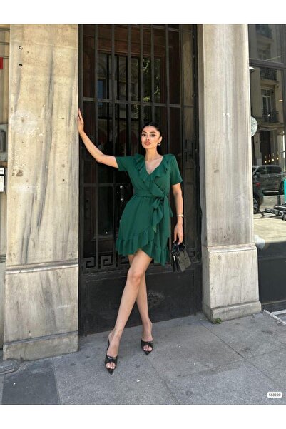 Modafeminen Scuba Krep Kuşaklı V Yaka Kısa Elbise Midi Boy elbise 583000 Zümrüt