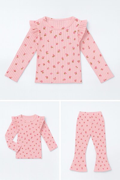 Perendi Girl's Ruffle Sleeve Floral Corded Fabric Set – Powder