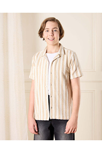 REDTAG Senior Boys Beige Striped Collared Shirt