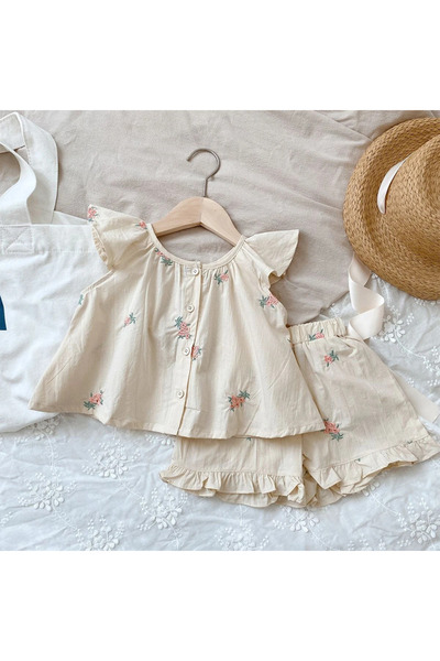 Choice 3T AZ3955O Bear Leader Girls' Summer Fashion Set Children's Flower Print Flying Sleeve Top+Shorts Tw