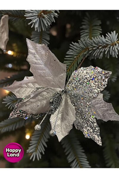 Happyland Christmas Tree Ornament Small Size Silver Glitter Poinsettia Flower Poinsettia 28 cm Hpy26079