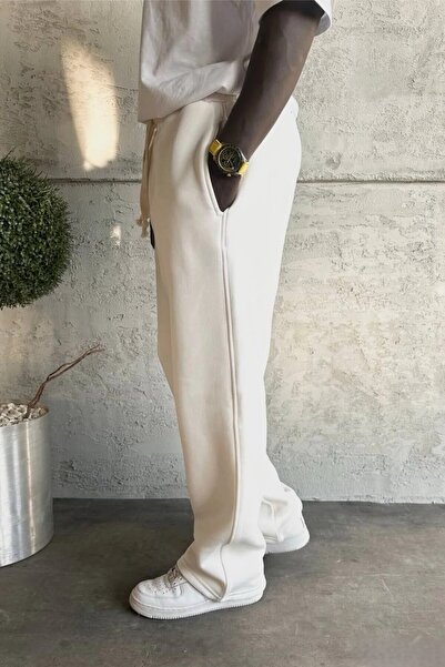 MADZEYMODA Ανδρικό φαρδύ παντελόνι 3 νήματα Ş επένδυση fleece Λευκό παντελόνι KE-7030