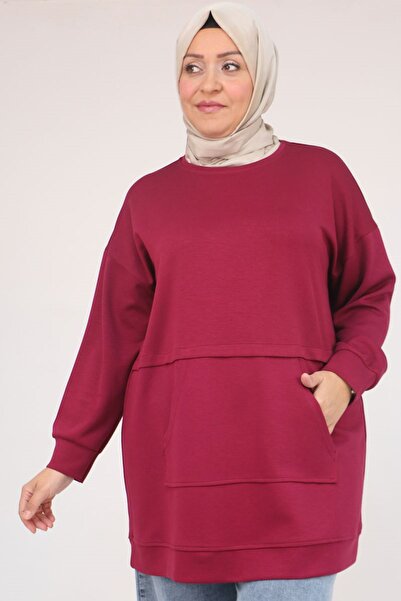 Eslina 58133 Plus Size Modal Tunic with Kangaroo Pocket - Burgundy