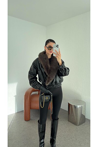 HAZELANNA Palton din piele neagră cu blană