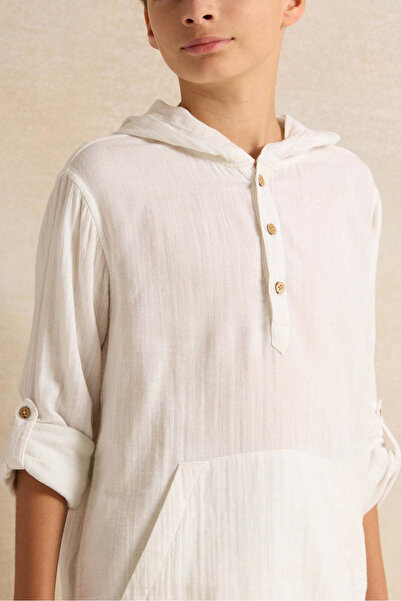 REDTAG Senior Boys White Hooded Kangaroo Pocket Shirt