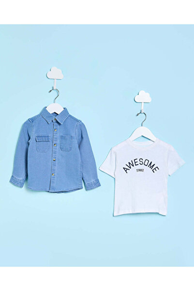 REDTAG Infant Boys Blue And White Denim Shirt Set (2 Piece)