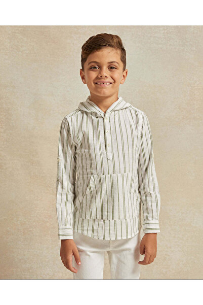 REDTAG Boys Green Striped Long Sleeve Hooded Shirt