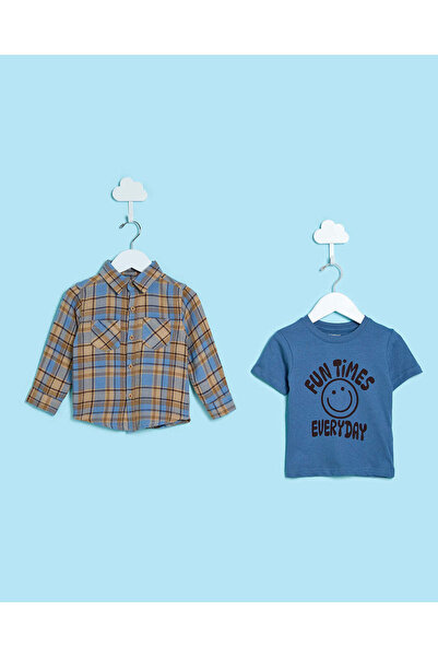 REDTAG Infant Boys Blue And Brown Checked Shirt (2 Piece)