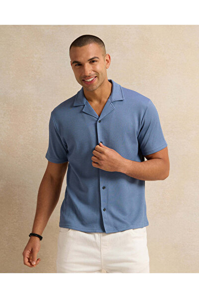 REDTAG Men Blue Jacquard Short Sleeve Shirt