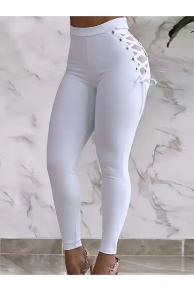 ALPACO Women's High Waist Cross Lace-Up Tulle Detailed Diver Leggings