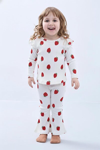 Perendi Girl's Ruffle Sleeve Strawberry Corded Fabric Set – Ecru
