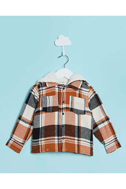 REDTAG Infant Boys Rust Checkered Flannel Hooded Shirt