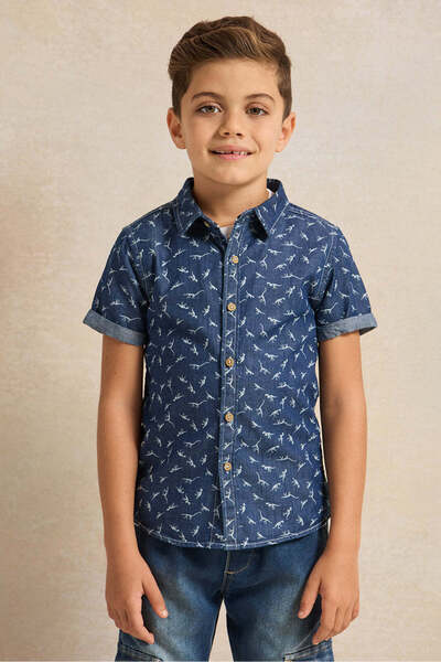 REDTAG Boys Blue Shirt With White Printed T-shirt