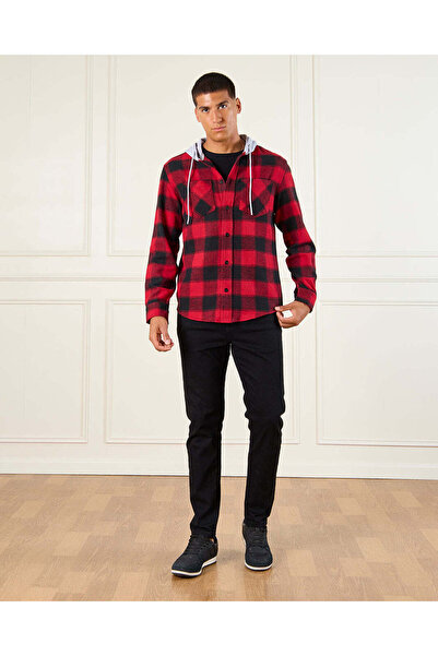 REDTAG Men Red Checkered Hooded Shirt