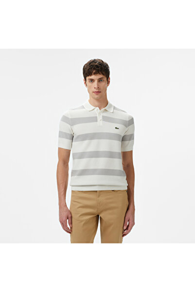 Lacoste Erkek Polo Yaka Çizgili Gri Triko
