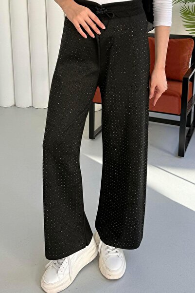 Modaensarbutik Beli Lastikli Ön Taşlı Triko Pantolon-SİYAH