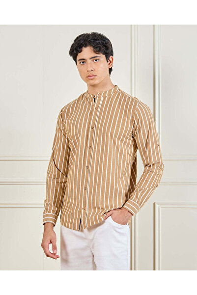 REDTAG قميص رجالي بني مخطط بياقة ماندرين