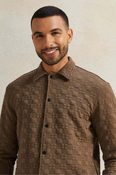 REDTAG Men Brown Jacquard Collared Shirt