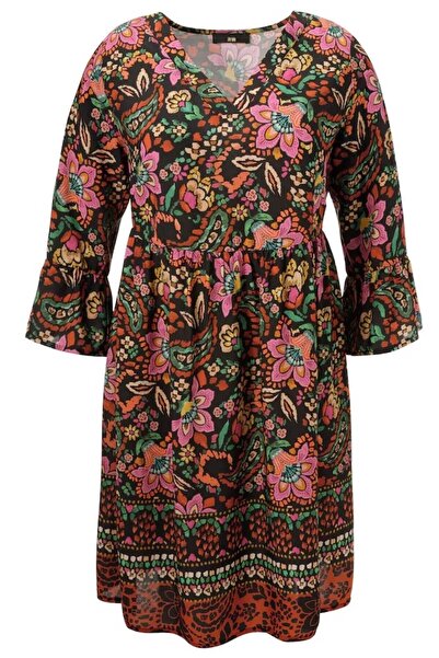 Şans Women's Plus Size Black, Floral Print V-Neck Woven Viscose Dress 65N39219