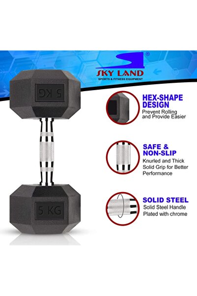 SKY LAND HEX Dumbbells EM-9260-5 Rubber Coated 5KG x2 Cast Iron for Home Gym Strength Workouts