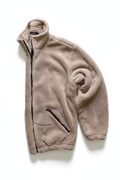 Baycombine35 Ανδρικό βελούδινο φούτερ με oversized φερμουάρ σε μπεζ χρώμα