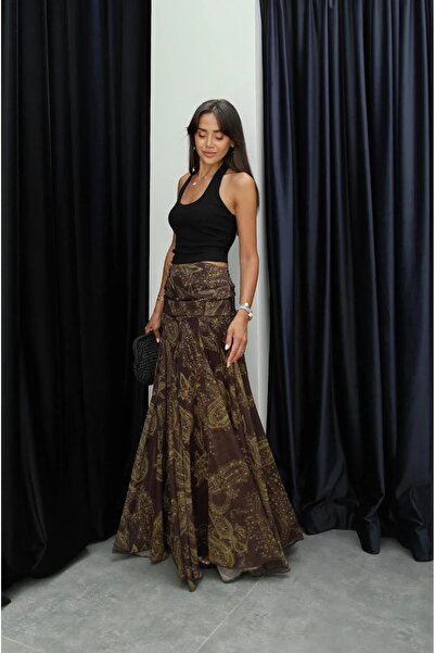 HARMONY GLOBAL Acı Kahver Şal Desenli Uzun Şifon Etek – Yüksek Bel, Dökümlü Midi Form, Bohem Şık Kadın Etek 7479