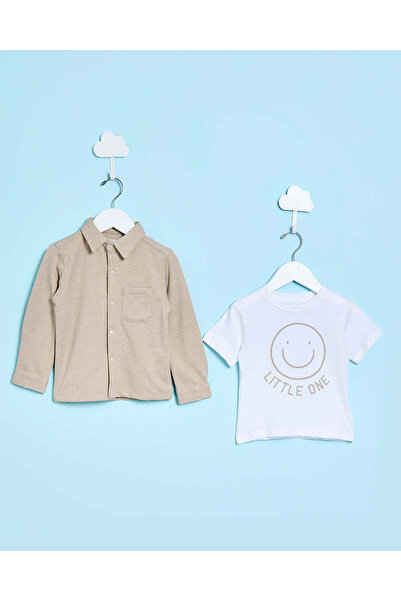 REDTAG Infant Boys Beige And White Printed Shirt Set (2 Piece)