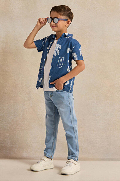 REDTAG Boys Blue Linen Allover Print Shirt