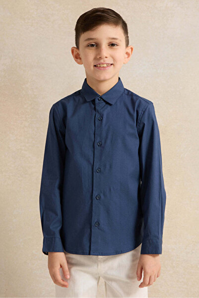 REDTAG قميص أزرق داكن سادة بأكمام طويلة للأولاد