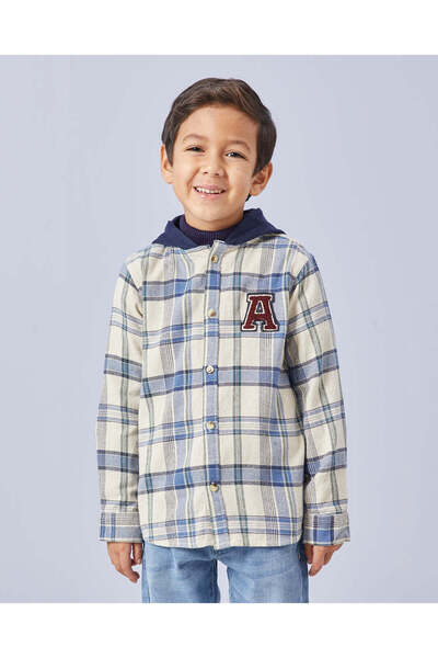 REDTAG Boys Cream And Blue Flannel Check Hooded Long Sleeve Shirt