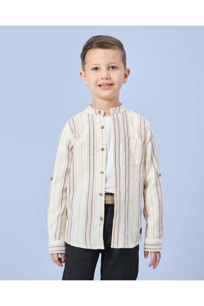 REDTAG قميص للأولاد مخطط باللون البيج وياقة ماندرين وأكمام طويلة