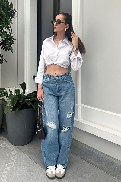 Nazliye Yıpratmalı Kemer Detay Baggy Jean