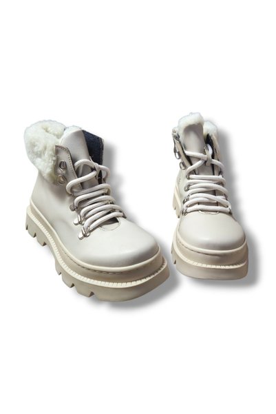 BARONES SHOES Lace-Up Zippered Waterproof Warm Lining Anti-Slip Sole Cream Women's Boots
