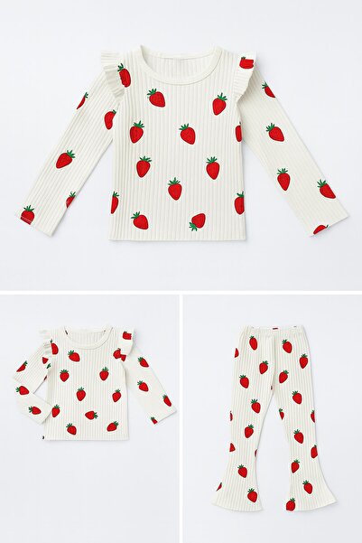 Perendi Girl's Ruffle Sleeve Strawberry Corded Fabric Set – Ecru