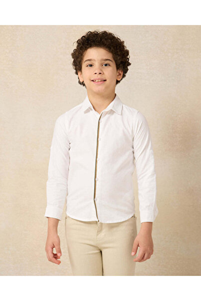 REDTAG Boys White Contrast Placket Long Sleeve Oxford Shirt