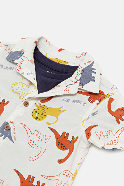 REDTAG Infant Boys White And Navy Dino Print Shirt Set (2 Piece)