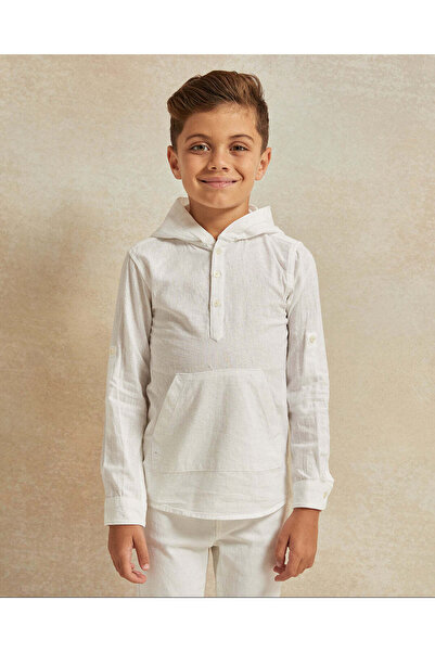 REDTAG Boys White Long Sleeve Hooded Linen Shirt